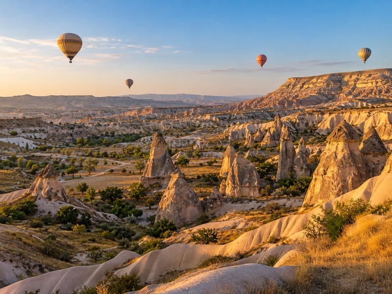Illustration: Cappadocia valley with fairy chimneys and hot-air balloons, Turkey