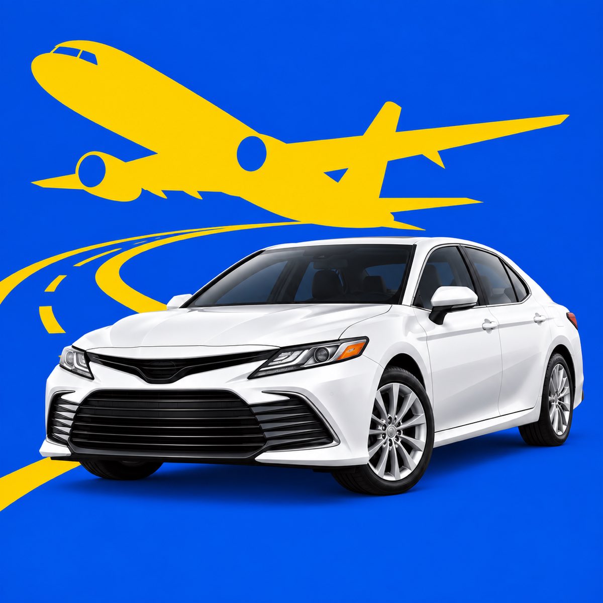 Illustration of a white rental car beneath a yellow airplane